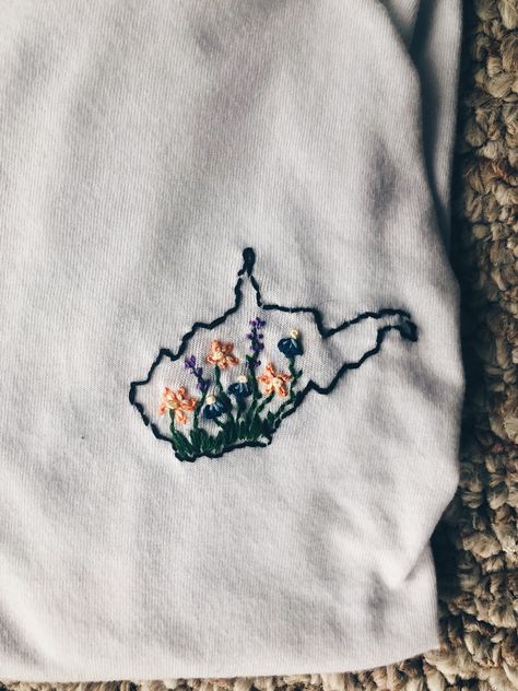 West Virginia Tattoo, State Outline, Shirt Embroidery, West Virginia, Cross Stitch Embroidery, Virginia, Embroidery Patterns, Hand Embroidery, Tatting