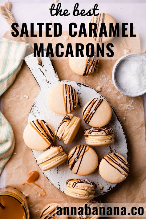 Caramel Chocolate Ganache, Salted Caramel Macarons, Caramel Macarons, Maldon Salt, Macaron Recipes, Caramel Pretzels, Buttercream Filling, Macaroon Recipes, Meringue Buttercream