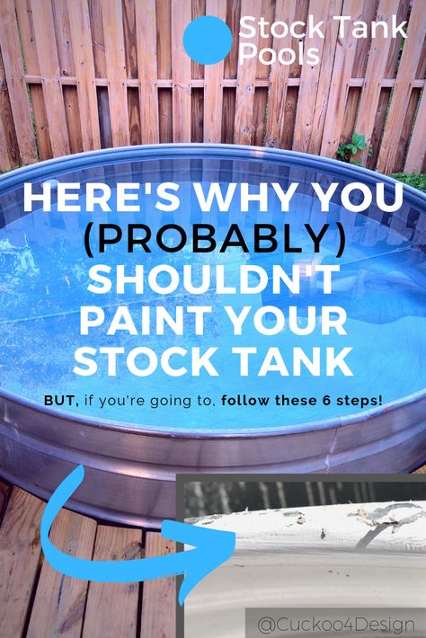 Don't make this mistake! Stock tanks are galvanized, making them super DURABLE but TOUGH TO PAINT. Read this to learn IF you should paint your stock tank and to see our 6 step guide to painting galvanized metal. -StockTankPool.net Paint Stock Tank Pool, Steel Pool Galvanized, Stock Tank Deck Ideas, Painting Stock Tank Pool, Painted Stock Tank Pool, Backyard Stock Tank Pool Ideas, Metal Pool Galvanized, Stock Tank Pool Paint, Galvanized Stock Tank Pool Ideas