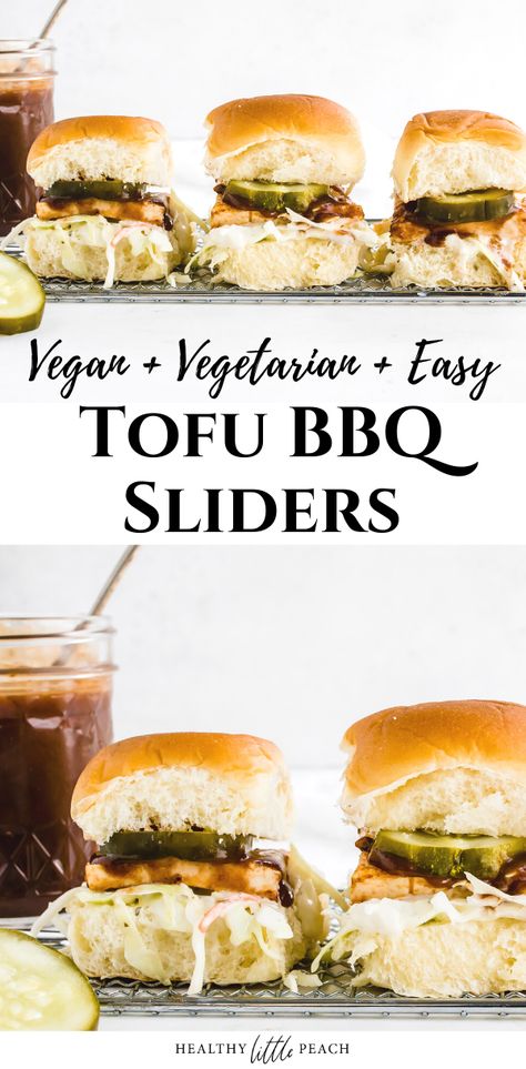 Dinner just got a whole lot easier with my adorable BBQ Tofu Sliders, This recipe includes a grilled piece of tofu slathered in BBQ sauce and served in a Hawaiian roll along with ranch coleslaw and a pickle. #tofu #veganrecipes #vegan #tofuBBQsliders #tofusliders #tofurecipes #tofuburgers Sliders Recipes Hawaiian Rolls Vegetarian, Tofu Sliders Recipes, Vegan Sliders Hawaiian Rolls, Vegetarian Hawaiian Roll Sliders, Vegetarian Sliders Hawaiian Rolls, Tofu Sliders, Tofu Bbq, Ranch Coleslaw, Homemade Vegan Burgers