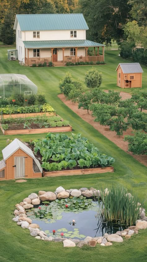 Easy one-acre homestead design featuring a farmhouse, vegetable garden, chicken coop, orchard, and a small pond. Perfect for beginner homesteaders! Apple Orchard House, Gardens With Chicken Coop, Home On Acreage, Backyard Homestead Aesthetic, Backyard Garden In Ground, Garden With Orchard, Garden Orchard Design, 8 Acre Farm Layout, Five Acre Homestead Layout