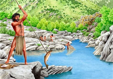 Acquatic captures supplemented the Paleolithic diet, and in some regions, was vital for survival (~100,000-10,000 BC; World). Human Evolution Tree, Stone Age People, Prehistoric Age, Paleolithic Era, Image Of Fish, Prehistoric Man, Ancient Paintings, Prehistoric World, Early Humans