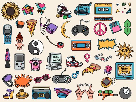 90s Doodles Art, 90s Nostalgia Art, 90s Stickers Aesthetic, 90s Inspired Tattoos, Nostalgic Tattoo Ideas, 90s Aesthetic Design, 90s Stickers Png, 90s Symbols, 90s Aesthetic Stickers