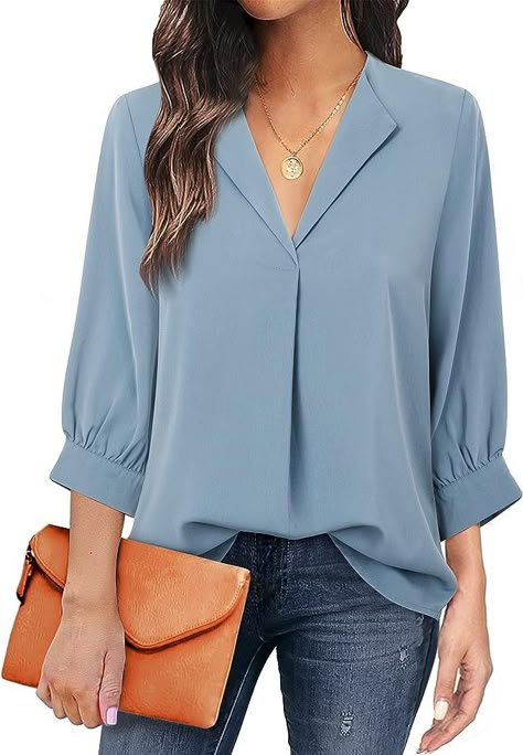 Women's Casual Business Tops Women Shirt Designs, Projek Menjahit, Three Quarter Sleeve Blouses, Women Chiffon Blouse, Chiffon Tops Blouses, Simple Blouse, فستان سهرة, Women Shirts Blouse, Work Blouse