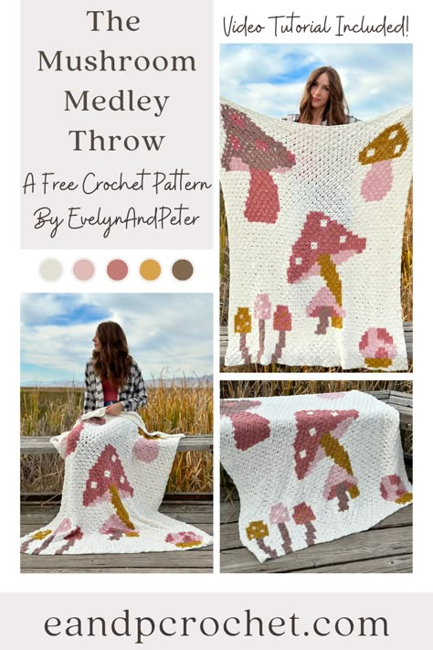 Mushroom Medley Throw Crochet Pattern - Evelyn And Peter Crochet Mushroom Medley, Throw Crochet, Crochet Mushroom, Crochet Blanket Designs, C2c Crochet, Fun Crochet Projects, Diy Crochet Projects, Free Crochet Patterns, Granny Squares