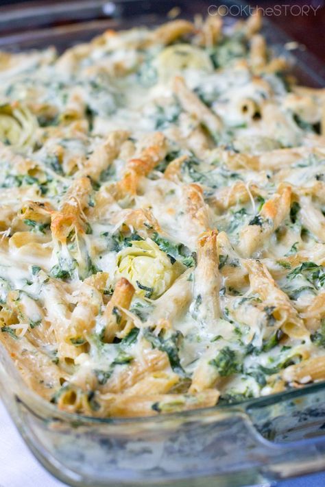 Artichoke Pasta Bake, Spinach And Artichoke Pasta, Chicken Artichoke Pasta, Spinach Artichoke Pasta, Cream Cheese Pasta, Pasta Bake Recipe, Spinach Bake, Spinach And Artichoke Dip, Artichoke Pasta