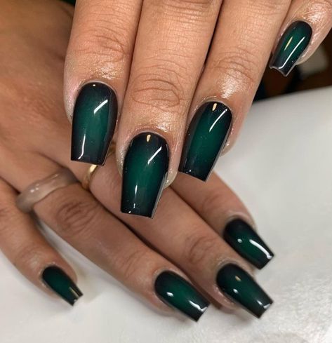 Black And Green Ombré Nails, Simple Black And Green Nails, Dark Green Nails With Black, British Racing Green Nails, Dark Green Black Nails, Prom Nails Dark Green, Green Nail Designs Square, Dark Green Nails Prom, Dark Green Ombre Nails