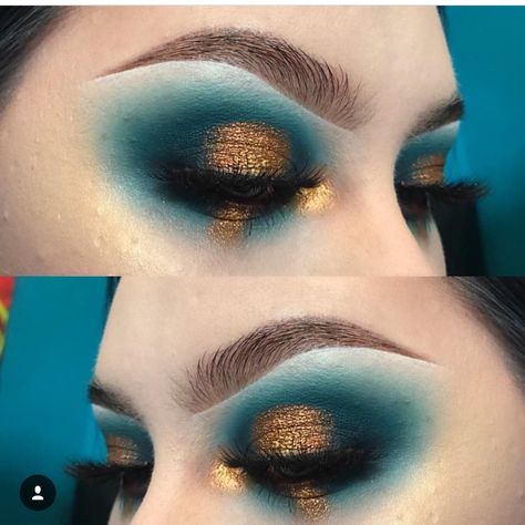 Aesthetics Makeup, Turquoise Eyeshadow, Gold Eyeshadow Looks, Teal Makeup, Subculture Palette, Pretty Poison, Make Up Gold, Clear Brow Gel, Yellow And Turquoise