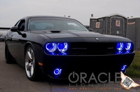 Blue Oracle halo headlights and fog lights. Blue Headlights, 2013 Dodge Challenger, 2014 Dodge Challenger, Car Music, Suspension Lighting, Dodge Vehicles, Hellcat Challenger, Cars Music, Edm Music