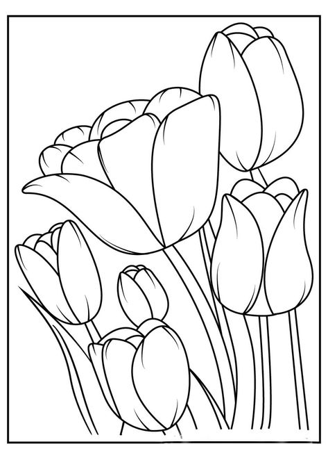 Tulip Colouring Pages, Drawing Ideas To Print, Drawing Tulips Flower, Flowers Tulips Drawing, Tulip Coloring Pages, Tulips Flowers Drawing, Tulips Drawing Aesthetic, Tulip Drawing Simple, Tulip Drawings