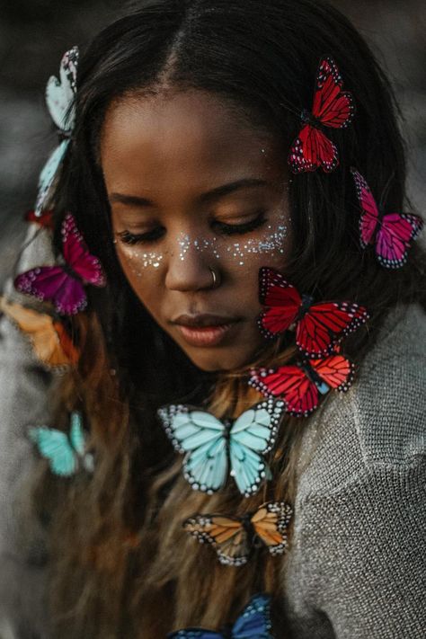 Ethereal Fairy, Butterfly Hair Accessories, Painted Feathers, Vibrant Butterfly, Butterfly Hair Clips, Butterfly Costume, Rainbow Fairies, Rainbow Hair Color, Hair Photography