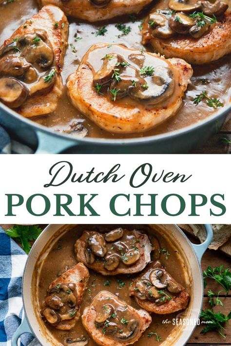 Tender and juicy Dutch oven pork chops are smothered in a flavorful mushroom gravy! The easy dinner comes together in about 30 minutes, and is delicious alongside mashed potatoes, a loaf of crusty bread, or a skillet of cornbread. Fresh Mushrooms Recipes, Dutch Oven Pork Chops, Pork Chops With Mushroom Gravy, Dutch Oven Pork, Braised Pork Chops, Oven Pork Chops, Mushroom Pork Chops, Pork Chops And Gravy, Tender Pork Chops