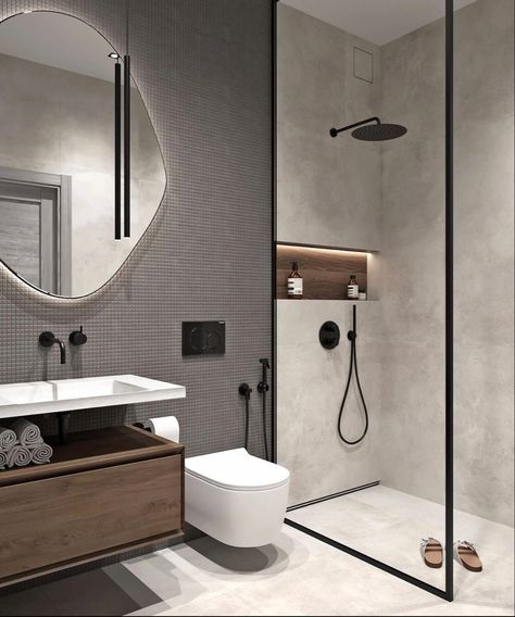 Modern Wc Design Toilets, Black And White Bathroom With Wood, Bathroom Ideas Black Fixtures, تصميم دورة مياه, Makeover Kamar Mandi, Small Bathroom Interior, Desain Pantry, Bathroom Design Layout, Bilik Air