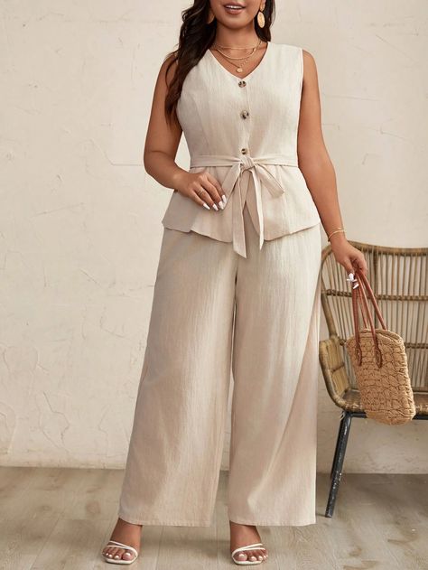 SHEIN Frenchy Plus Size Solid Color Sleeveless Top And Wide Leg Pants Two Piece Set For Vacation And LeisureI discovered amazing products on SHEIN.com, come check them out! Top And Wide Leg Pants, 2piece Outfits, Blouse Casual Fashion, Moda Plus, Co Ords, Summer Design, Womens Casual Outfits, Two Piece Set, Two Piece Sets