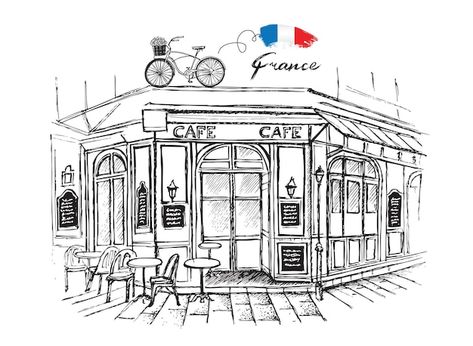 French Sketches Illustrations, Paris Cafe Sketch, Cafe Sketch Coffee Shop, Café Drawing, French Sketches, Cafe Drawings, Cafe Sketches, Restaurant Drawing, Cafe Drawing