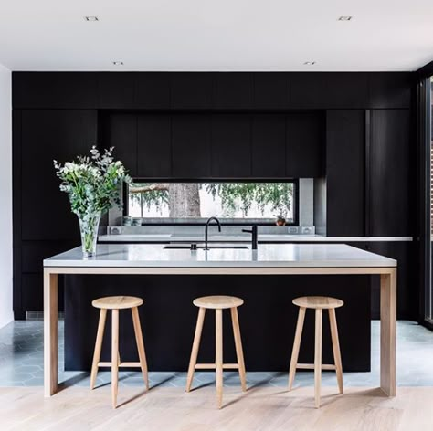 Design inspo: Beautiful black kitchens. Sleek black kitchen, black kitchen where island bench looks like a piece of furniture, timber legs holding up kitchen island Studio Ezra, Local Architecture, Island Bench, Kitchen Details, Black Cabinets, Black Kitchens, Contemporary Bedroom, Kitchen Designs, Kitchen Layout