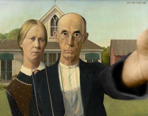 If Famous Faces From Classical Paintings Discovered Selfies Gothic Selfie, American Gothic Painting, American Gothic Parody, Grant Wood American Gothic, Gothic Painting, Art Bulletin Boards, Side Ideas, 51st Birthday, Funny Art History