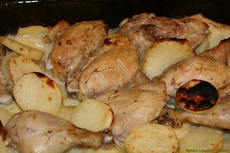 Baked Garlic Chicken and Potatoes - Djej w Batata Bil Sayniyyeh - Mama's Lebanese Kitchen Lebanese Beef Shawarma Recipe, Garlic Chicken And Potatoes, Lebanese Food Recipes, Baked Garlic Chicken, Lebanese Chicken, Armenian Food, Shawarma Recipe, Chicken And Potatoes, Lebanese Cuisine