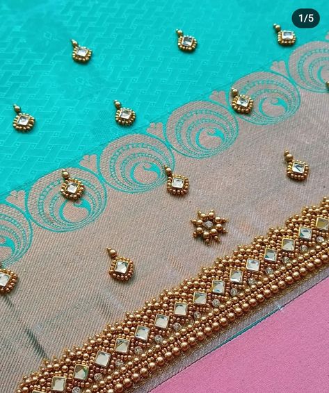 Simple Butti Work Blouse Designs, Buttas Blouse Design, Simple Butta Blouse Design, Buttas In Aari Work Blouse, Aari Work Buttas, Puttas Design, Simple Design Aari Work, Sleeves Aari Work Design, Buttas Design In Aari