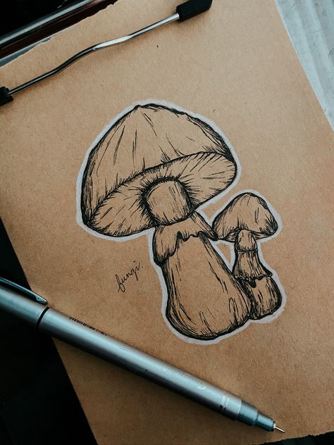 Small Drawings Mushroom, Sketching On Brown Paper, Drawing On Kraft Paper, Drawing On Brown Paper Ideas, Sketch On Brown Paper, Brown Paper Art Drawing, Drawings On Brown Paper, Brown Paper Sketch, Trippy Sketches