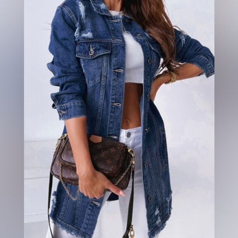 LONGLINE RIPPED DENIM JACKET-DARK BLUE Ripped Denim Jacket, Dark Blue Denim Jacket, Lined Denim Jacket, Distressed Denim Jacket, Blue Denim Jacket, Coat Outfits, Ripped Denim, Fashion Socks, Crop Jacket