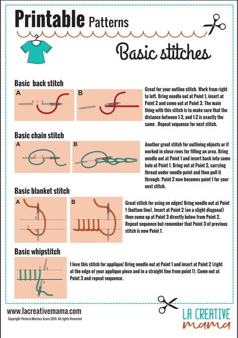 A Guide to Embroidery Stitches - La creative mama Embroidery Stitch Diagrams, Embroidery Stitches Printable, Hand Embroidery Practice, How To Start An Embroidery Stitch, Learn Embroidery Stitches, Types Of Stitches Embroidery, Hand Embroidery Tutorial Step By Step, Basic Embroidery Stitches For Beginners, Stitch Hacks