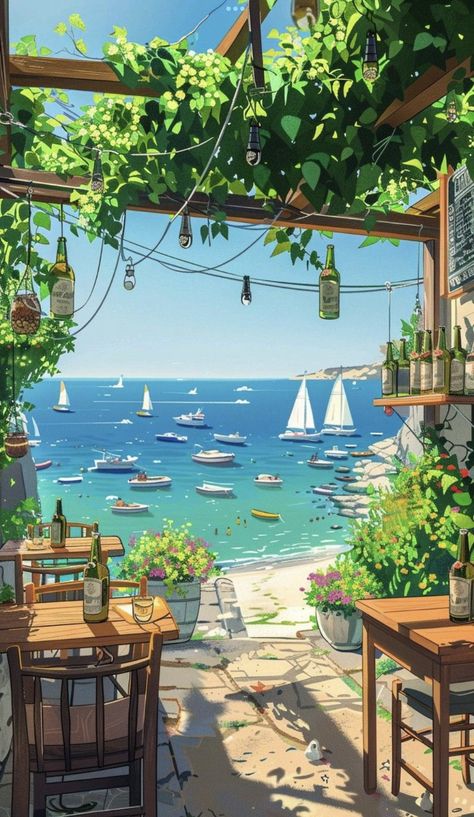 A 286 pieces jigsaw puzzle from Jigidi Beach Day Illustration, Beach Town Aesthetic, Seaside Aesthetic, Sea Mediterranean, Mediterranean Beach, Macbook Wallpapers, Animated Photos, Beautiful Illustration, Beach Bar