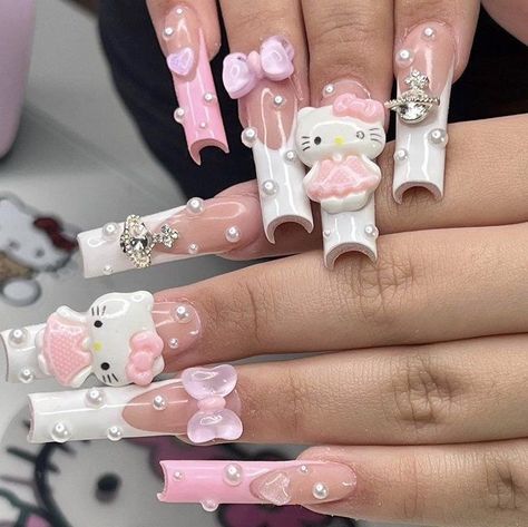 Melody Anime, Paznokcie Hello Kitty, Anime Y2k, Hello Kitty Nails Art, Kitty Nails, Girly Acrylic Nails, Cute Acrylic Nail Designs, Hello Kitty Nails, Pretty Gel Nails