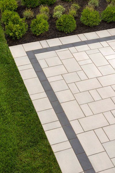 Blu 60 Smooth - Patio Slabs | Techo-Bloc Diamond Pattern Paver Patio, Interlocking Stone Patio, Techo Bloc Greyed Nickel, Techo Bloc Blu 60 Champlain Gray, Techno Bloc Pavers, Interlock Patio Backyard, Interlock Backyard, Garden With Pavers, Techo Bloc Patio