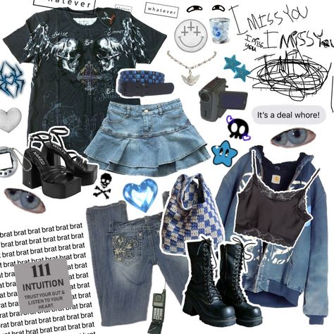 #scene #y2k #blue #emo #outfit #stylist #aesthetic Y2k Blue Outfits Aesthetic, Dark Blue Y2k Outfit, Blue Grunge Clothes, Blue Outfit Moodboard, Emo Blue Aesthetic, Blue Goth Aesthetic Outfits, Grunge Blue Outfit, Scene Y2k Outfits, Blue Scene Outfits