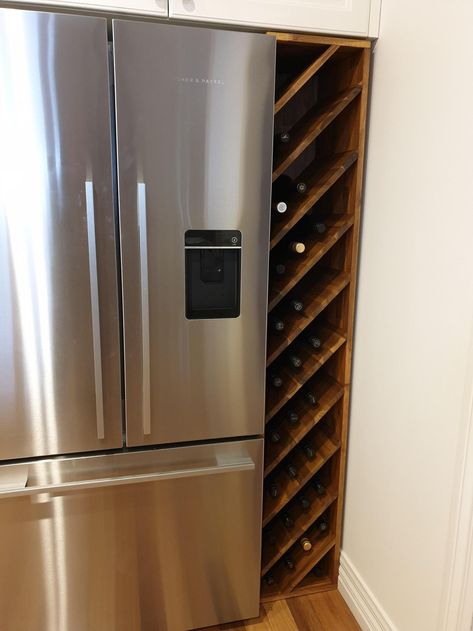 DIY wine rack to fill space next to fridge (updated) - Album on Imgur Space Next To Fridge, Diy Wine Rack Design, Wine Rack Inspiration, Diy Wine Rack Projects, Wine Rack Projects, Wine Rack Plans, Wine Rack Design, Kitchen Wine Rack, Wine Rack Cabinet