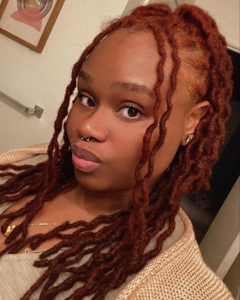 Loc Colors For Brown Skin, Dark Ginger Locs Black Women, Ginger Locs With Blonde Highlights, Dark Ginger Locs, Reddish Brown Locs, Copper Red Locs, Auburn Locs Black Women, Dark Skin Ginger Hair, Dark Red Locs