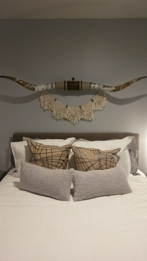 Steer horns and macrame Longhorns Above Bed, Steer Horns Decor Living Rooms, Long Horns Decor, Longhorn Decor Bedroom, Long Horn Decor Rustic, Steer Horns Decor, Longhorn Decor Horns Living Rooms, Cow Horns Decor Ideas, Western Above Bed Decor