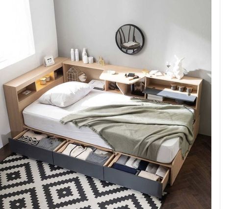 Queen Bed With Shelves, Platform Bed With Side Shelves, Bedframe Ideas Diy Storage, Space Saving Bed Frame, Bed On Drawers, Bed Space Saving Ideas, Bed Frame Storage Ideas, Bookshelf Bedframe, Beds With Shelves