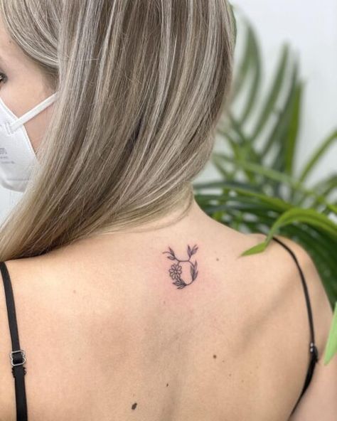 Taurus Vine Symbol Back Tattoo - tattooness Daisy Taurus Tattoo, Taurus Neck Tattoo, Minimalist Tattoo Taurus, Taurus Fine Line Tattoo, Symbol Back Tattoo, Taurus Tattoo For Women Pretty, Taurus Back Tattoo, Tattoo Ideas Taurus, Taurus Minimalist Tattoo