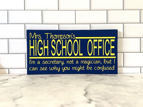 "Introducing our elegant school secretary desk name plate, the perfect accessory for any administrative hero! Personalize your high school office decor with this refined personalized teacher name plate, elegantly engraved with your name and title. Crafted with high-quality materials, this teacher appreciation gift for teacher features a sleek design, combining timeless sophistication with a touch of professionalism. Whether it's for your desk at school or office, this name plate is sure to make a lasting impression. Designed to enhance your work environment, our secretary gift is both stylish and functional. Treat yourself or surprise your favorite school secretary with this thoughtful gift.  Order yours today!! This custom wood sign works great as a name plate and measures approx. 5 1/2\" School Office Decorating Ideas Secretary, High School Office, Teacher Name Plates, School Office Decor, Secretary Gifts, School Secretary, Teacher Valentine Gifts, Desk Name Plate, Desk Name