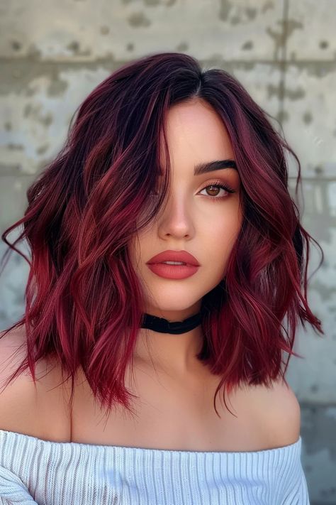 Professional Hair Color For Work, Bob With Red Highlights, Brown Peekaboo Hair, Dark Roots Hair Color Ideas, Red Hair Balayage, Short Burgundy Hair, Dark Red Highlights, Styles For Medium Hair, Hair Styles For Medium Hair