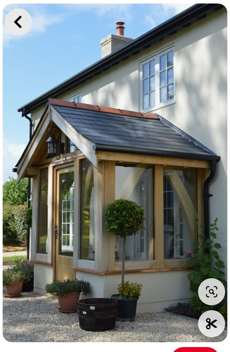 Oak Frame Porch Entrance, Enclosed Oak Porch, Oak Windows Exterior, Gable Porch Ideas, Arched Porch Entrance, Cottage Entrance Exterior, Front Door Extension, Entry Extension, Enclosed Front Porch Ideas Entrance