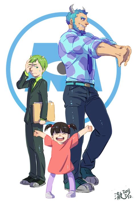 Monsters Inc.'s Sulley, Mike Wazowski and Boo (in human form) fan art Cartoon Characters As Humans, Anime Vs Cartoon, Cartoon As Anime, Anime Version, Dessin Adorable, Disney Memes, Monsters Inc, Disney Fan Art, Disney And Dreamworks