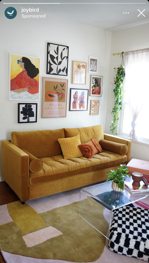 Orange Yellow Aesthetic Living Room, Ginger Couch Living Room Ideas, Mustard Couch Living Room Ideas Modern, Yellow Corduroy Couch, Yellow Velvet Couch Living Room, Ginger Couch Living Room, Mustard Yellow Couch Living Room Ideas, Mustard Yellow Couch Living Rooms, Gold Couch Living Room