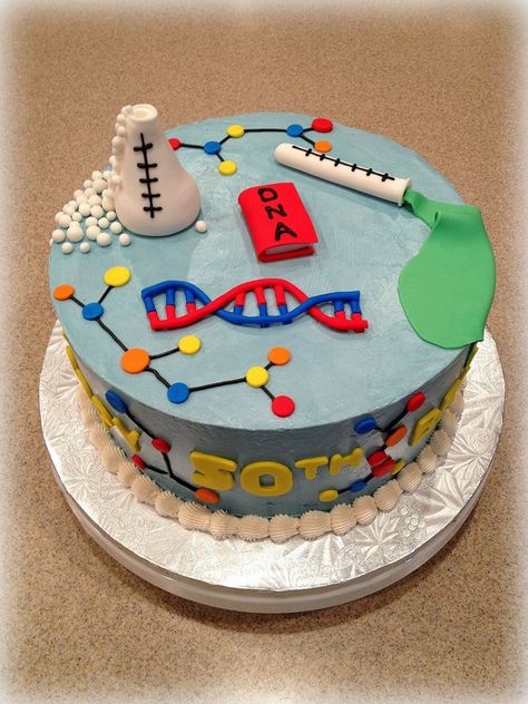 A science cake for a Genetic Scientist who turned 50 yesterday! A fun cake to make! Science Cake Ideas, Science Birthday Cake, Chemistry Cake, Science Party Ideas, Science Cake, Science Birthday Party Ideas, Scientist Birthday Party, Mad Scientist Birthday, Mad Science Party