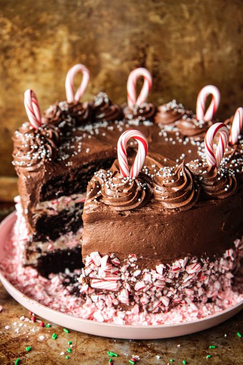 Chocolate Candy Cane Cake (Gluten-free and Vegan) - Heather Christo Candy Cane Cake, Super Moist Chocolate Cake, Christmas Delights, Christmas Cake Designs, Big Cakes, Moist Chocolate Cake, Holiday Meal, Creamy Chocolate, Gluten Free Cakes