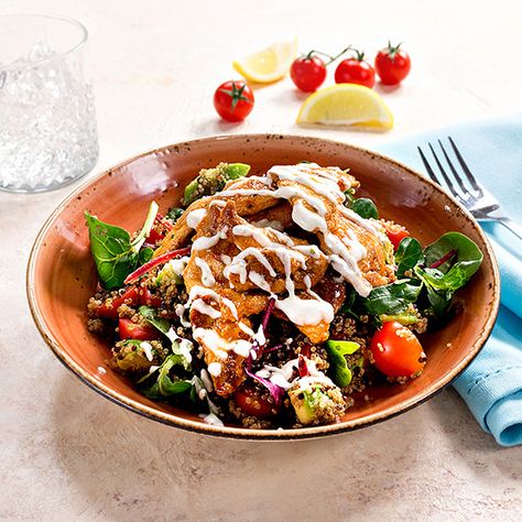 Peri Peri Chicken Salad | Muscle Food Peri Peri Chicken Salad, Cafe Salads, Chicken Salad With Yogurt, Chicken Salad Bowls, Piri Piri Chicken, Sweet Chilli Chicken, Peri Chicken, Peri Peri Chicken, Pitta Bread