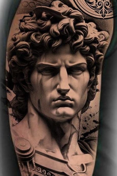 Hades Tattoo Mythology, Alexander The Great Tattoo, Greek Statue Tattoo, Hades Tattoo, David Tattoo, Realistic Tattoo Sleeve, Statue Tattoo, Greek Mythology Tattoos, Men Tattoos Arm Sleeve