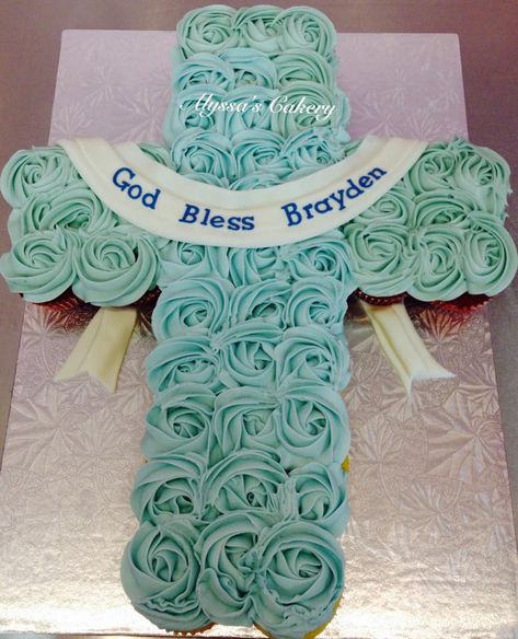 Blue Rosette Cupcake Cross Cross Cupcake Cake Baptisms, Baptism Cupcakes Boy, Cross Cupcake Cake, Baptism Cross Cake, Boy Baptism Cake, Cupcake Cross, Baptism Cake Boy, Rosette Cupcakes, Baptism Cupcakes