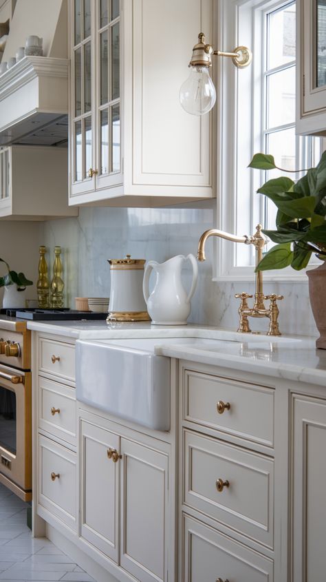 15 Classic Timeless Kitchen Ideas for a Sophisticated Space Classic Brass Kitchen Hardware, Contemporary French Kitchen, Traditional Cream Kitchen, Small White And Gold Kitchen, Timeless Classic Kitchen, Grand Millennial Style Kitchen, Creamy White Benjamin Moore Cabinets, Kitchen White Cabinets Gold Hardware, Cabinet To Countertop