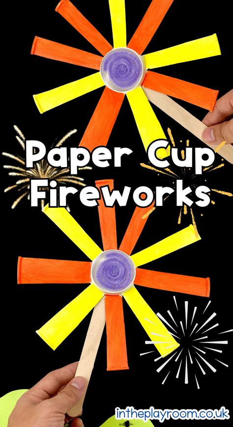 Easy Paper Cup Fireworks Craft - In The Playroom Firework Crafts For Kids, Firework Craft, Firework Art, Patriotic Decorations Diy, Fireworks Craft For Kids, New Year's Eve Crafts, Firework Painting, Camping Crafts For Kids, Fireworks Craft