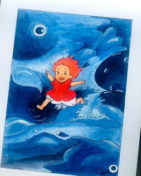 Painting inspiration from one of Studio Ghibli's the loveliest movies, 'Ponyo'. This painting captures the enchanting spirit of the ocean and the boundless curiosity of childhood. This artwork is a tribute to the timeless charm and wonder that Hayao Miyazaki's masterpiece continues to inspire me. Ponyo Stills, Studio Ghibli Canvas Painting, Painting Ideas For Mom, Ponyo Drawings, Ponyo Painting, Studio Ghibli Painting, Ghibli Painting, Ponyo Studio Ghibli, Instagram Painting