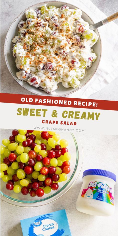 This sweet grape salad is packed full of green and red grapes and made with cream cheese and marshmallow fluff. This is super delicious and perfect for summer BBQs. Cream Cheese And Marshmallow Fluff, Marshmallow Salad, Summer Desserts For A Crowd, Grape Salad Recipe, Marshmallow Fluff Recipes, Fruit Dips, Easy Fruit Salad Recipes, Simple Family Meals, Fluff Recipe