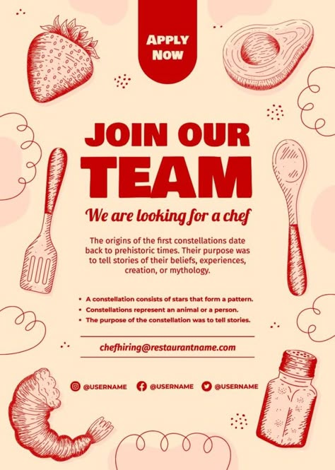 Hand-drawn Linear We're Looking For A Chef Poster Hiring Chef Poster, For Hire Poster, Hiring Poster Restaurant, Job Poster Design Ideas, We’re Hiring Poster, Hiring Design Poster, Were Hiring Poster, Hiring Poster Design Ideas, Design Aesthetic Background